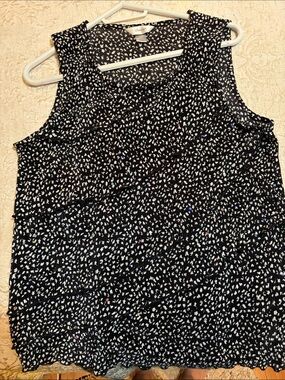 CJ Banks Black Sleeveless Ruffle Tiered Camisole with White Dot Print